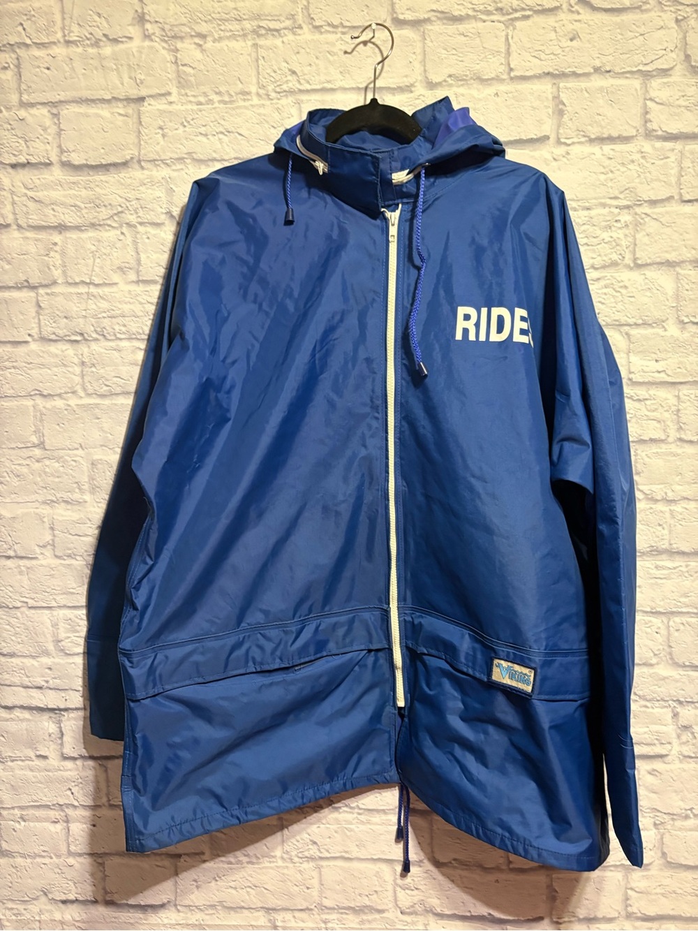 Vintage Viking Blue 'RIDE' Hooded Rain Jacket Large